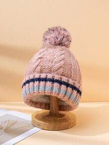 1 pièce Bonnet tricoté à pompons rayés bicolores, chapeau tricoté chaud, doublé thermique, polyvalent et pour l'hiver, pour un usage quotidien, les déplacements et les courses - bande - Voir 9