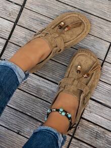 2厘米厚底绒面革女式乐福鞋，复古学院风，百搭，平底，秋季，流苏装饰，卡其色和棕色可选，圆头可爱 - 卡其色 - 查看 3