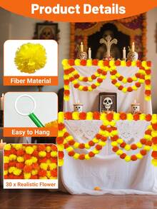 1 pieza/2 piezas/3 piezas/4 piezas Guirnalda de caléndula para decoración, 5 pies de largos hilos rojos y amarillos de flores de caléndula artificiales para decoración del hogar para Diwali, Pooja, Día de los Muertos, bodas y eventos navideños