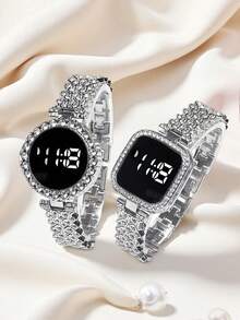 2pcs New Square Circular Set LED Temperament Electronic Watch For Girls And Students, Light Luxury Full Diamond Fashion Versatile Touch Digital Electronic Watch For Women, Gift Set - Black - View 1
