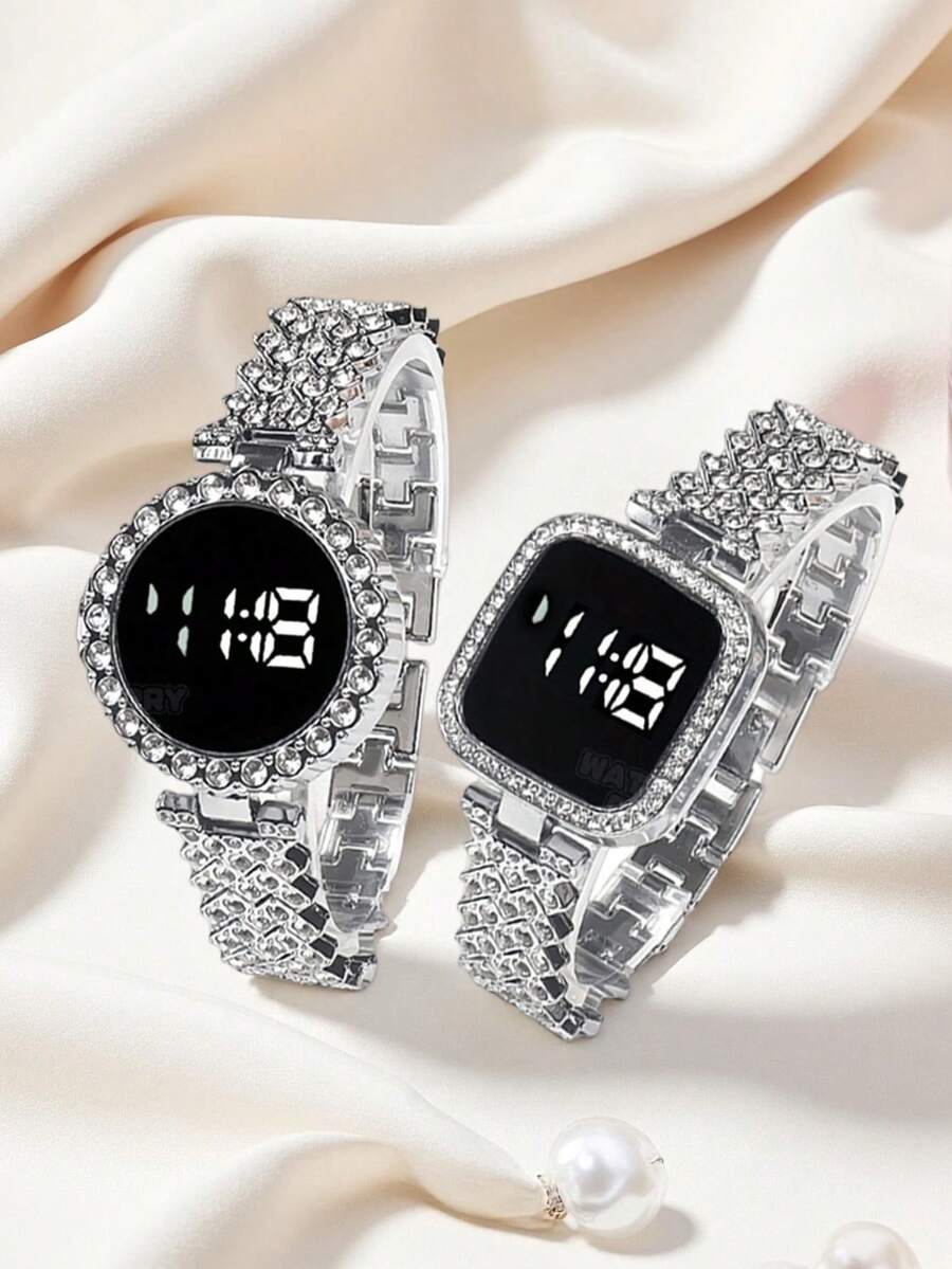 2pcs New Square Circular Set LED Temperament Electronic Watch For Girls And Students, Light Luxury Full Diamond Fashion Versatile Touch Digital Electronic Watch For Women, Gift Set - Black - View 1