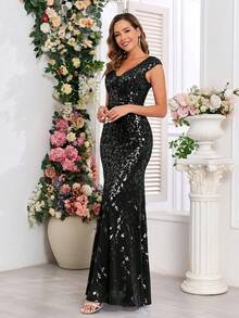 High Quality Elastic Sequin Double V-Neck Cap Sleeves Sequin Mermaid Hem Evening Dress For Women,Formal Wedding Guest Gown Dress, For Graduation, Formal Dress,Dinner Party Dress