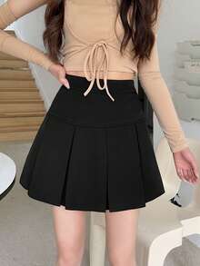 Women's Solid Color Casual Pleated Mini Skirt, Cute Daily Wear - Black - View 4