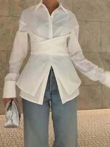 Women's Elegant Solid Color Collared Slim Waist Long Sleeve Blouse For Office Wear, Polyester Material With Buttons White Spring - White - View 5