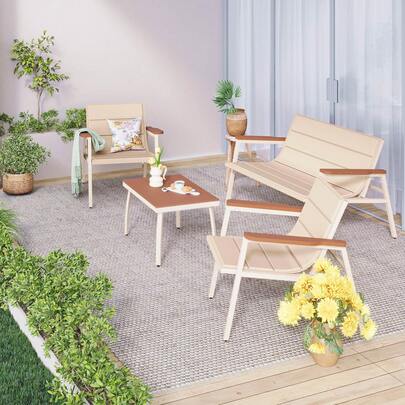 4-Piece Garden Furniture Set, All-Weather Beige Outdoor Patio Conversation Set W/Coffee Table, Loveseat, Wood Armrest