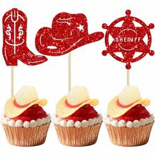 DEphlyn 30Pcs Cowboy Cupcake Toppers Glitter Cowboy Hats Boots Cupcake Picks Cowboy Party Cupcake Decorations For Western Theme Baby Shower Boys Birthday Party Cake Decorations Supplies Red10 - 紅色 - 查看 1