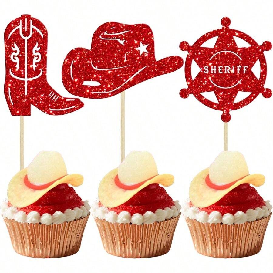 DEphlyn 30Pcs Cowboy Cupcake Toppers Glitter Cowboy Hats Boots Cupcake Picks Cowboy Party Cupcake Decorations For Western Theme Baby Shower Boys Birthday Party Cake Decorations Supplies Red10 - 紅色 - 查看 1