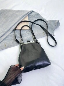 Women's PU Leather Crossbody Bag With Round Polka Dots, Vintage Style Handbag With Buckle Closure And Adjustable Shoulder Strap, Solid Color And Lightweight City Tote Bag - 黑色 - 查看 9
