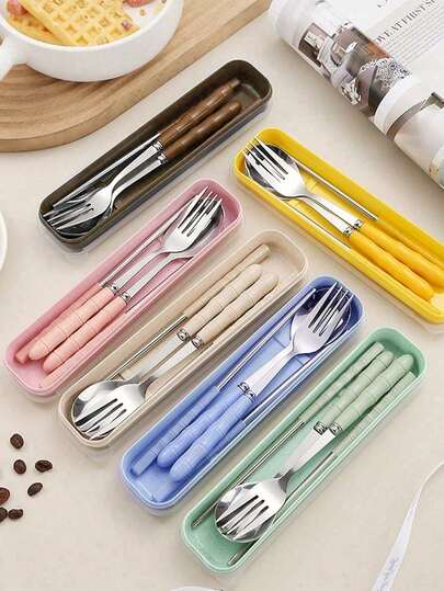 3-In-1 Reusable Cutlery Set, Camping Utensils With Storage Box, Includes Spoon, Knife And Fork, Portable Travel Flatware, Plastic Case, Suitable For Travel, Picnic, Camping Or Daily Use, Great For Students, Travel And Kitchen, Essential For Back To School