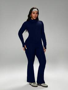 FWH 冬季加大码拇指孔袖口、方便的前拉链、加长腿部喇叭裤、运动休闲奢华性能时尚复古未来、高领健身套装、拉链瑜伽服、收腹喇叭裤、保暖运动服套装、女式高领拉链夹克和喇叭瑜伽裤套装、女式两件套 - 藏蓝色 - 查看 4