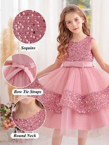 女孩粉色蝴蝶结亮片圣诞派对薄纱连衣裙，公主裙适合生日派对、晚会、婚礼花童、节日庆典