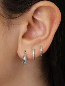 Ensemble de 6 boucles d'oreilles simples en cuivre avec zircone pour femmes, adapté pour les vacances, les rendez-vous et le port quotidien - Argent - Voir 5