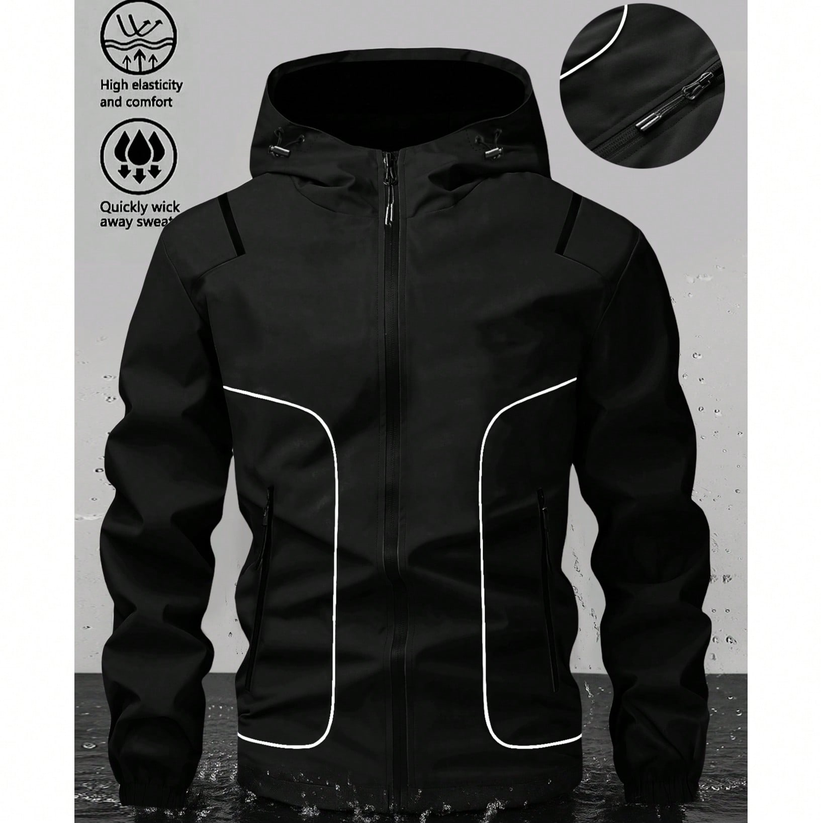 Chaqueta con capucha de manga larga para hombre con decoración de rayas blancas, cierre con cremallera, adecuada para deportes o uso casual, otoño