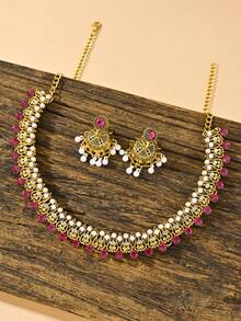 3pcs/Set Elegance Faux Pearl Pendant Luxury Colored Rhinestone Bollywood StyleJewelry Set Suitable For Ladies' Banquets Weddings Wear