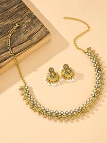 3pcs/Set Elegance Faux Pearl Pendant Luxury Colored Rhinestone Bollywood StyleJewelry Set Suitable For Ladies' Banquets Weddings Wear