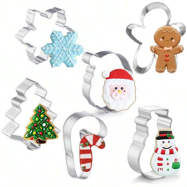 Bộ khuôn cắt bánh quy Giáng sinh lớn 4" bằng thép không gỉ dùng để nướng bánh - Cây thông Noel, Bông tuyết, Người bánh gừng, Người tuyết, Đầu ông già Noel và Cây kẹo gậy Trang trí Giáng sinh Đồ ngủ Giáng sinh Quà tặng Giáng sinh Đồ trang trí Giáng sinh