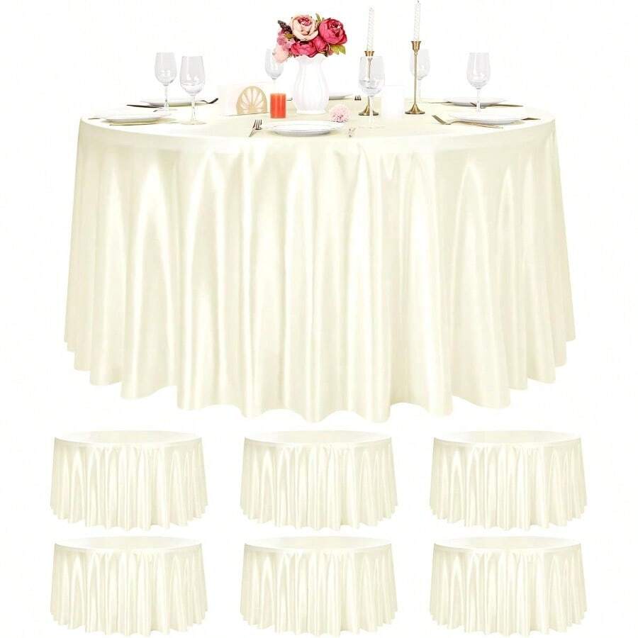Paquete de 6 manteles redondos de color marfil mantel de tela de saten de 120 pulgadas para mesa redonda resistente a las arrugas lavable ropa de mesa de seda brillante para bodas fiestas mesas - Marfil - Ver 1