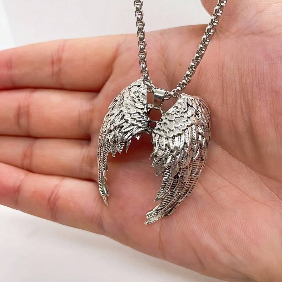 Vintage Silver Angel Wing Pendant Necklace, Perfect Gift For Both Men And Women - 銀色 - 查看 1