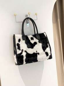 CHICVUE Simple Design Cow Pattern Women Soft Plush Shoulder Bags Winter Furry Ladies Purse Handbags Fashion Female Totes Bags Gifts - Black and White - View 7