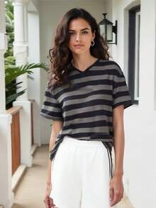 Women Vintage Grunge Top Short Sleeve Striped T-Shirt Goth Emo Tee Shirt Y2K Aesthetic Clothes Harajuku - 藍色 - 查看 5