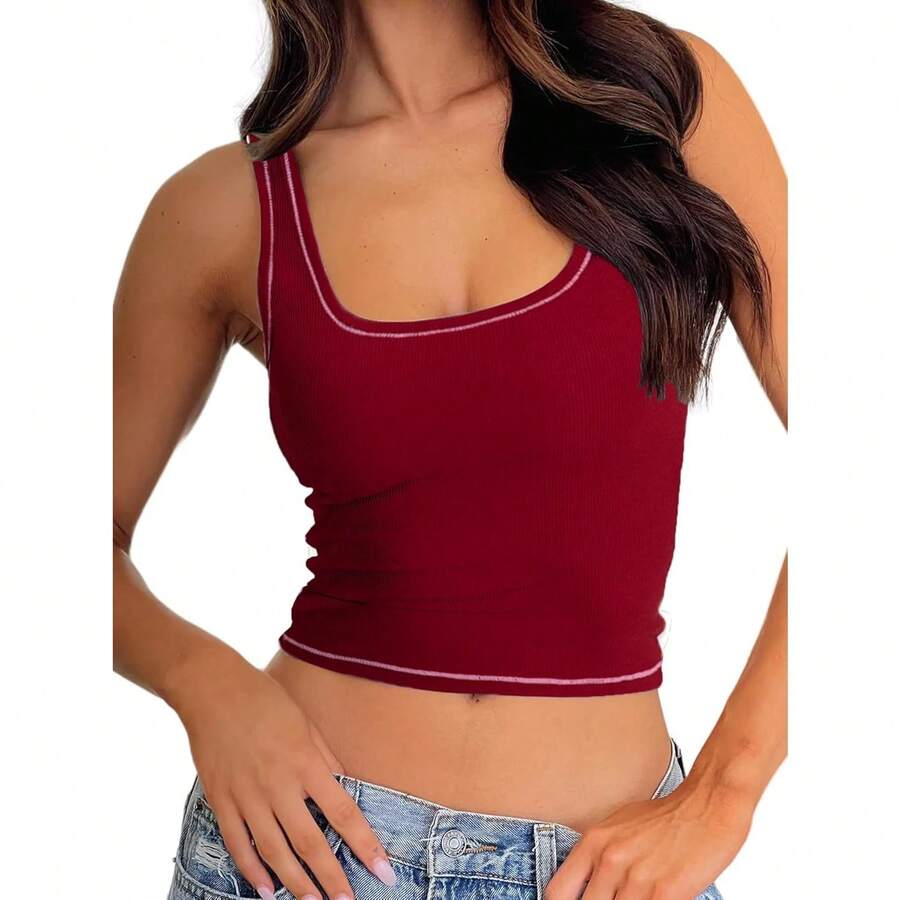 Camiseta de mujer de costilla con acolchado, top de entrenamiento de cuello cuadrado, top corto ajustado, camiseta básica de tirantes - Manzana roja - Ver 1