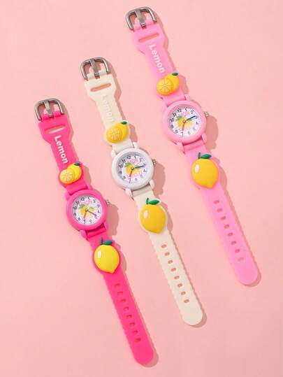 一体式女孩手表，圆形柠檬水果元素。这款儿童手表配有数字指针和石英钟显示。返校季经济实惠的学习用品。适合学生。非常适合日常生活、上学、聚会、旅行，以及作为送给朋友的生日礼物。也是送给女孩的完美礼物。