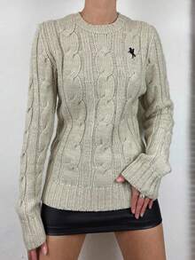 Women's Casual Cable Knit Embroidered Logo Crew Neck Sweater, Retro Style Minimalist Design For Autumn/Winter