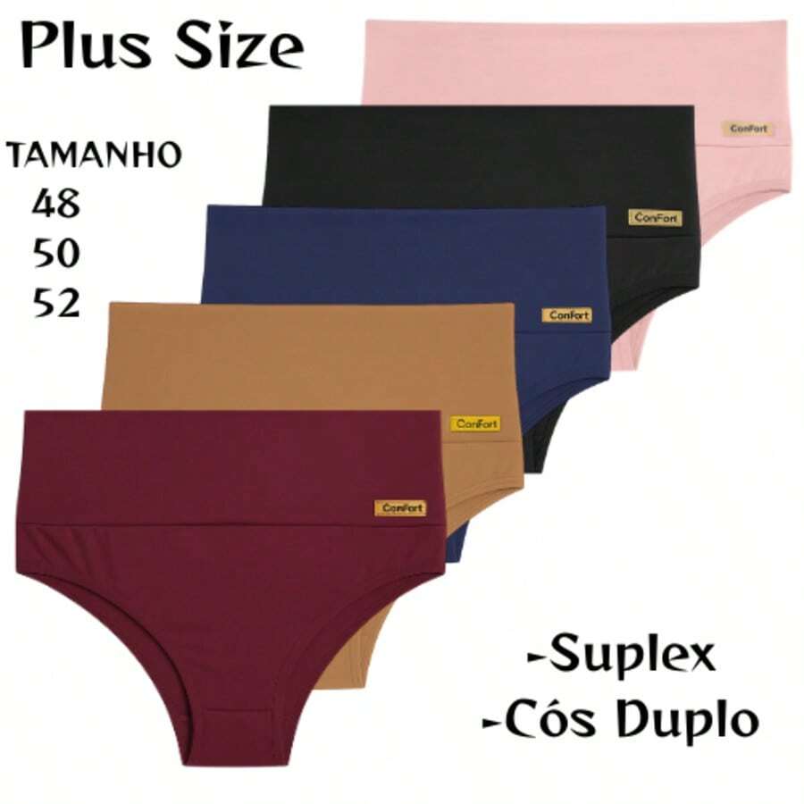 Kit 5 Calcinha Suplex PLUS SIZE Modeladora Cós Duplo Sustentação Cintura Alta - Multicolorido - Visão 1