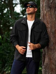 Mens Military Jacket Full Zip And Button  Field Jacket Multi Pocket Cargo Outdoor Coathalloween - 黑色 - 查看 3