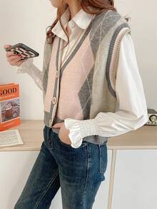 Vintage Collegiate Style Contrast Color Argyle Pattern Knit Vest, No Shirts - Pink - View 2