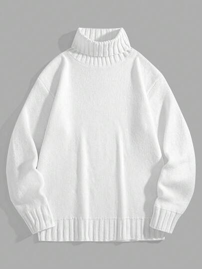 男士加大码高领落肩休闲纯色宽松套头毛衣，秋冬款，长袖上衣