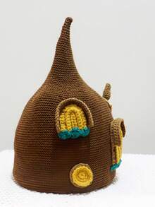 1 Piece Ladies' Hat Crochet Castle-Themed Hat With Yellow & Teal Accents, Brown Knitted Beanie For Cosplay & Winter Wear
