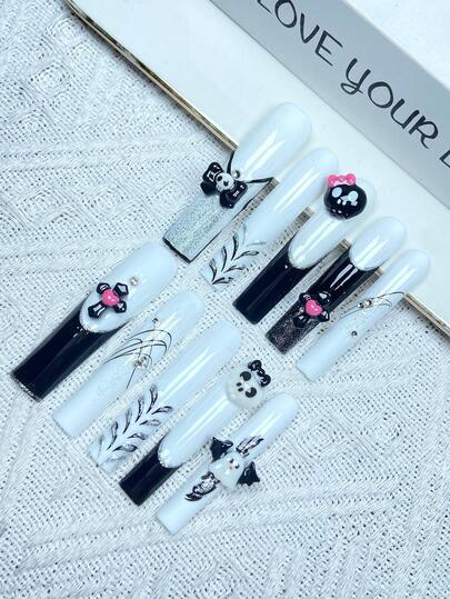 10 szt. Y2K, Halloween, bardzo długie francuskie paznokcie prasowane, pełne pokrycie, sztuczne paznokcie, ręcznie robione, prasowane paznokcie, z 3D, duchem, nietoperzem, krzyżem, ręcznie rysowane, idealnie dopasowane, wielokrotnego użytku, 1 szt. żel żelowy/1 szt. mini paski polerujące, odpinany zestaw prasowanych paznokci, odpowiednie dla kobiet i dziewcząt na przyjęcia świąteczne i do codziennego noszenia, produkty do paznokci