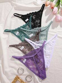 6件套女士蕾丝透气性感丁字裤套装 - 彩色 - 查看 4