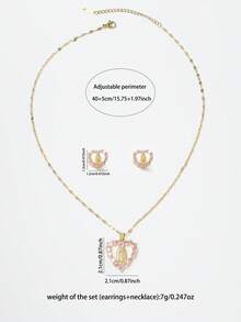 Set de 3 piezas: Collar con colgante del Corazón de la Virgen María + Pendientes de Corazón de la Virgen María brillantes y delicados, diseño hueco vintage, incrustado con circonita sintética, adecuado para bodas de mujeres, joyería católica, regalo del Día de San Valentín, Día de la Madre (los pasadores de los pendientes son fáciles de doblar pero se pueden restaurar por sí mismos) - Diamante rosa dorado - Ver 4