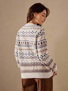 Wildy 女式宽松几何图案圆领落肩长袖休闲毛衣，秋冬装，长袖上衣 - 彩色 - 查看 6