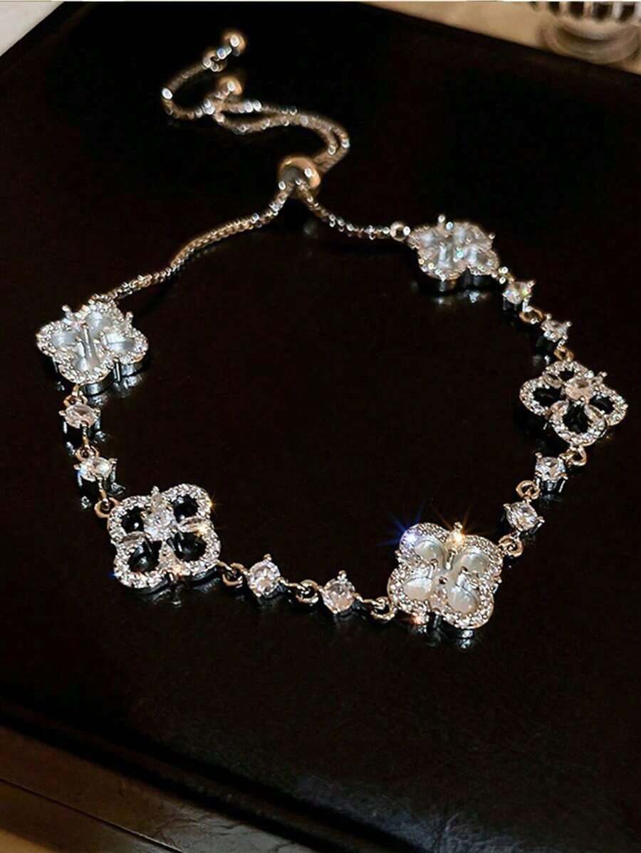 1pc Zirconia 4-Petal Flower Bracelet Women, Adjustable, Lightweight Luxury Elegant Style Accessory - Bạc - Xem 1