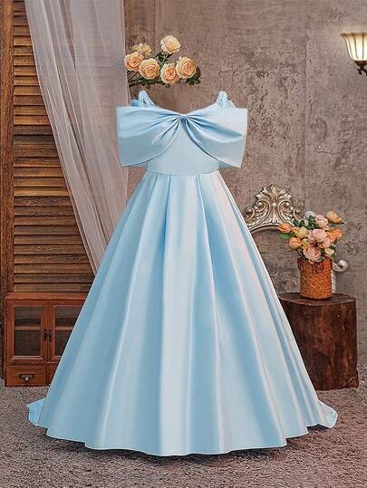 Tween Girls' Off-Shoulder Bowknot Flower Girl Dress, Luxury Princess Gown For Elegant Wedding, Party, Birthday, Communion, Bridesmaid