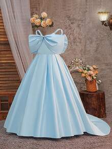 青少年女孩露肩蝴蝶结花童礼服，奢华公主礼服，适合优雅婚礼、派对、生日、圣餐、伴娘 - 藍色 - 查看 4