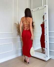 Women's Plain Dress, Spring Summer, Braided Back, High Quality Modal Yarn, Summer 2026 - 聖誕紅 - 查看 3