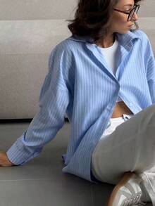 Women's Oversized Striped Light Blue Office Shirt,Women's Korean Style Blouse - Vertical Stripes, Long Sleeve Office & Daily Wear Blue/White Horizontal Stripes Classic Button Front Shirt, Loose Fit Button-Up Top, All-Season Casual Formal Wear, Versatile Fabric, Retro Collar Design, Durable Fabric, Workwear, Breathable Material, Professional Women's Shirt, Women's Blouse