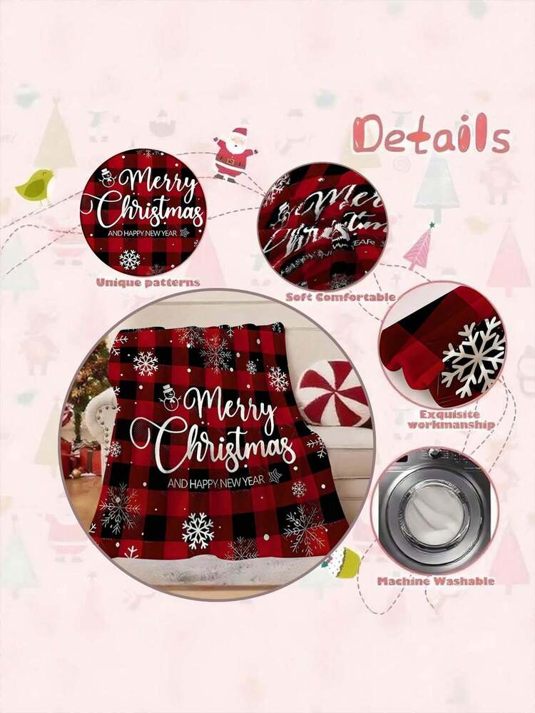 1pc Plaid & Snowflake Print Fleece Blanket, Christmas Themed Pattern, Soft & Warm Throw Blanket For Nap, Sofa, Office, Bed, Camping, Travel - Multicolor - View 8