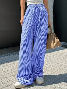 Wide Leg Striped Elastic Palazzo Pants With Pockets - Royal Blue - View 4