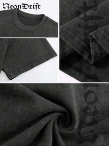 Y2K, Cool,UFO,Outdoor Sport,Modern Streets,Fashionable Pure Cotton Vintage Washed Men's T-Shirt, A Surprise Gift For Family And Friends, With Drooping Shoulder Sleeves And Round Neck,High-Quality Batik Cotton Retro Fashion Brand T-Shirt,A Certain Thickness Suitable For Summer T-Shirts, Holiday Gifts. - 黑色 - 查看 4