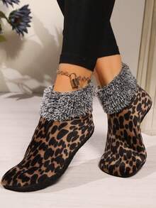 1 Pair Plus Size Black Leopard Print Thermal Lined Floor Socks, Warm Indoor Home Socks For Women, Suitable For Yoga, Sleeping, Carpet - Multicolor - View 8