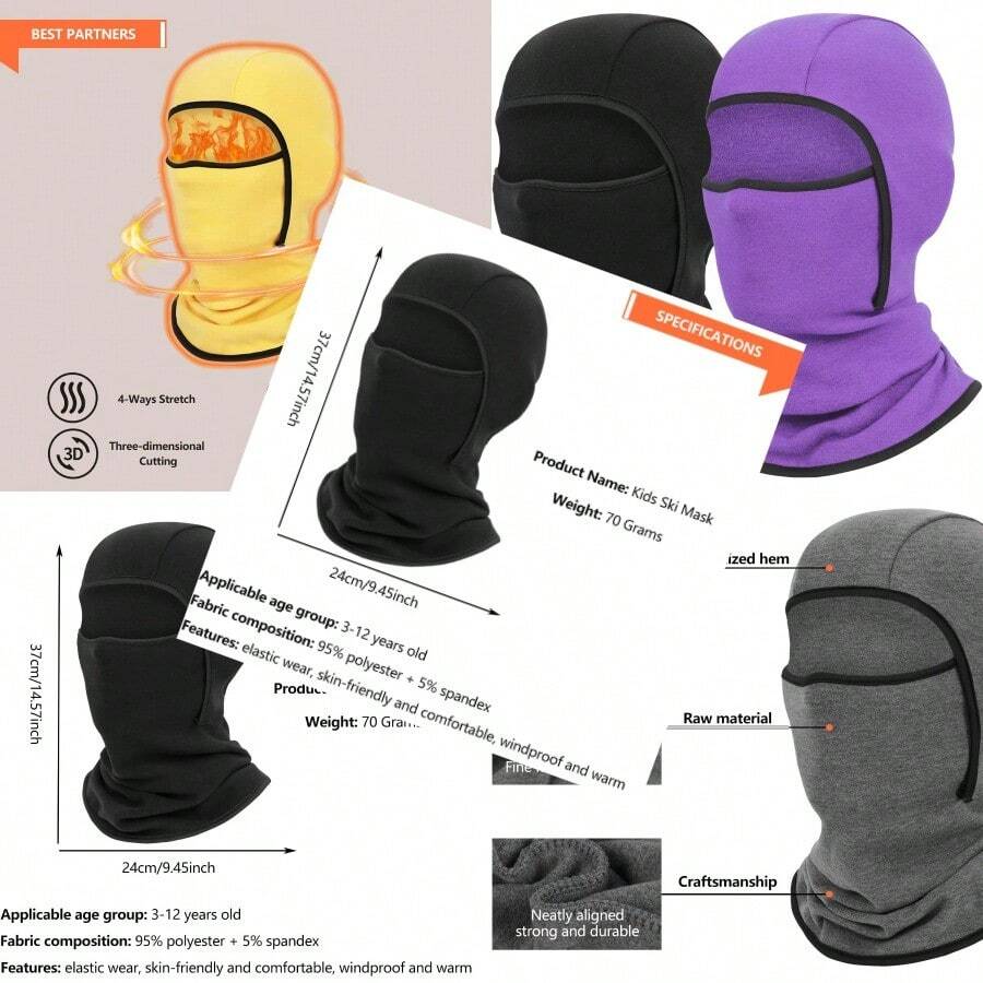 2 Packs Fleece Balaclava Ski Mask Full Face Cover Cold Weather Hats For Boys Girls Thermal Cosy Warm Sets