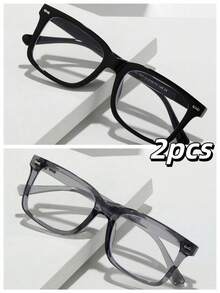 2 piezas Gafas de hombre con decoración metálica, estilo clásico retro con remaches, para campus/negocios con lentes transparentes (con correa para gafas)