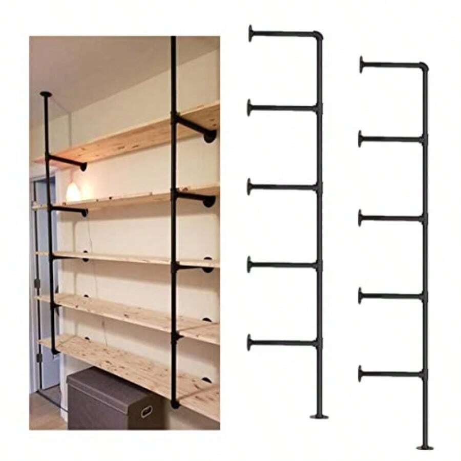 Industrial Wall Mount Iron Pipe Shelf Shelves Shelving Bracket Black Vintage Retro Ceiling Hung Shelf DIY Open Bookshelf Storage For Offcie Room Kitchen 2PcsX5Tier68 Tall 10 Deep Hardware Only - 黑色 - 查看 1
