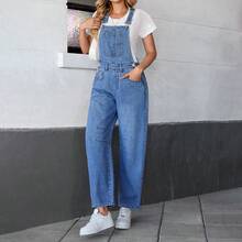 Nuovi salopette di jeans classiche e carine per donna, pantaloni a vita alta larghi a gamba ampia con molteplici tasche pratiche, tessuto morbido adatto a varie occasioni casual come scuola, viaggio, appuntamenti e shopping - Blu lavato medio - Visualizzare 9