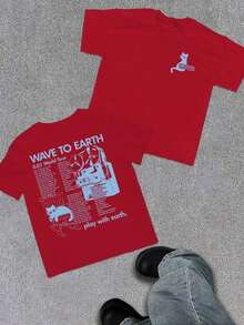 WAVE TO EARTH Play With Earth Letters Kitten Print Men's T-Shirt, Simple Art Harajuku Style, Band Music Kitten T-Shirt, Fashion Casual Loose Men And - 紅色 - 查看 1